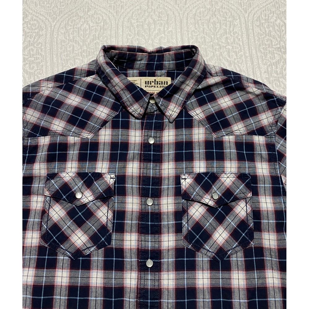Urban Pipeline Western Rodeo Shirt Mens Large Blue Short Sleeve Plaid Pearl Snap - Picture 2 of 8
